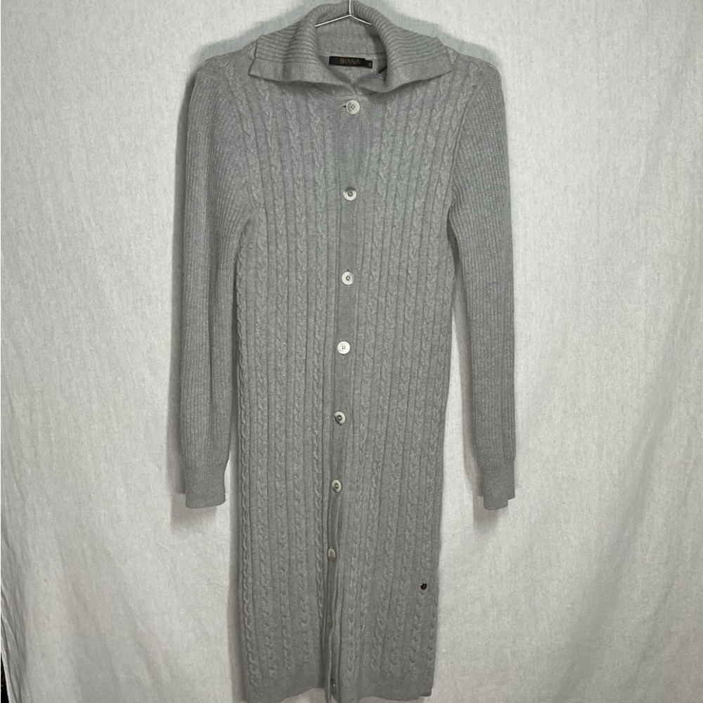 Biana Gray Duster Long Cable Knit Cardigan in XS merino cashmere